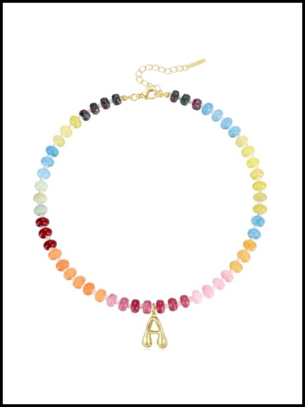 Handmade Gemstone Initial Choker Necklace 14K Gold Bubble Letter, Natural Stone